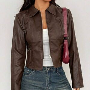 Brown Cropped Leather Jacket, Y2K Moto Jacket, Bomber Jacket Bomber Biker Girl